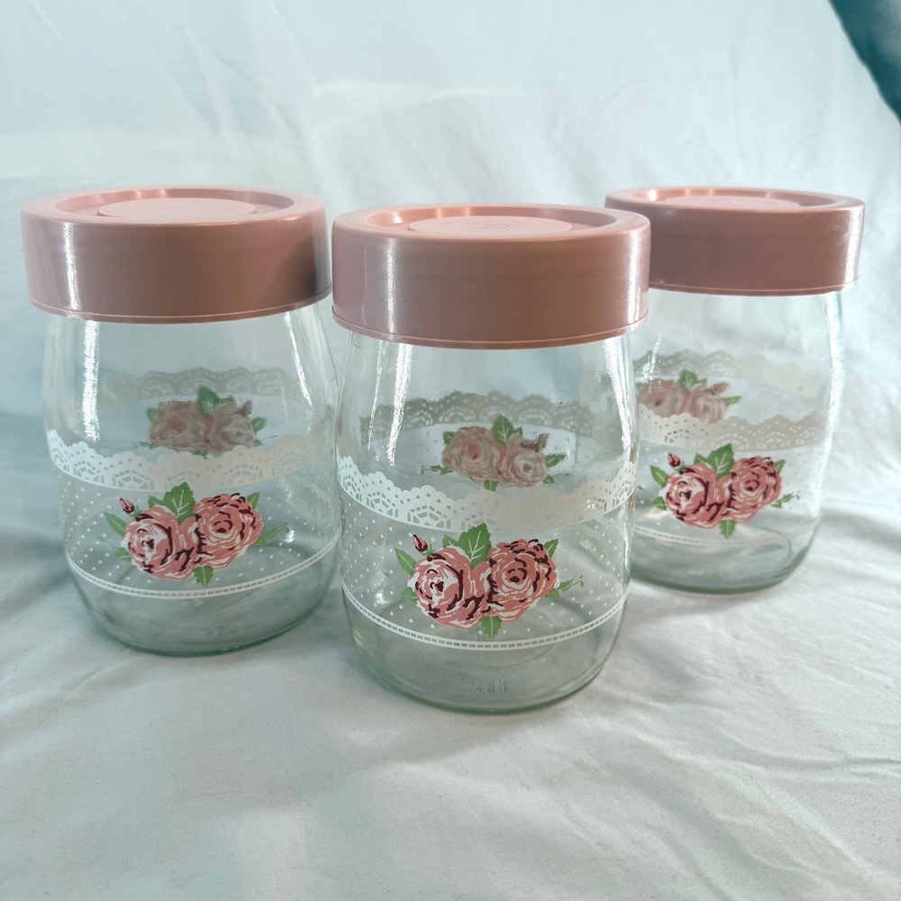 Vintage Carlton Glass USA 1L Canister Set 3 Pink Roses Lace Floral Jars Lids